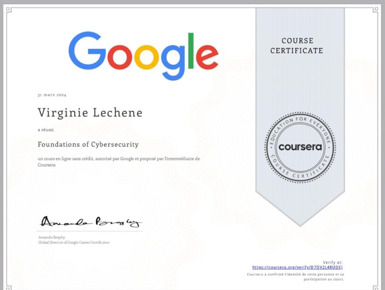 Certification obtenue en Google Cybersécurité de Virginie Lechene